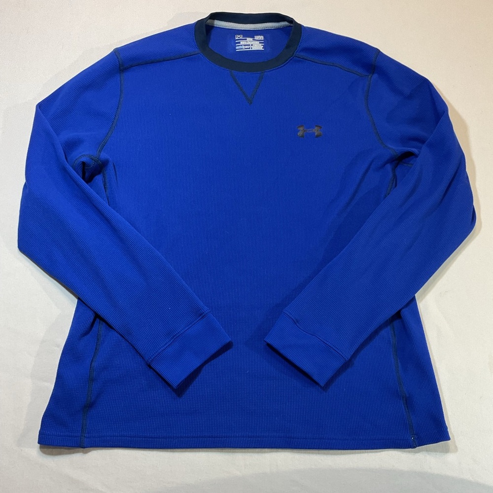 Under Armour Blue Crew Neck Waffle Long Sleeve, Size LG Black Stitching Everyday